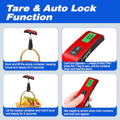Digital Hanging Luggage Scale with Backlit for Travel, Portable Handheld Suitcase Weight Scale with Hook, 110 Pounds, Battery Included - color: Red