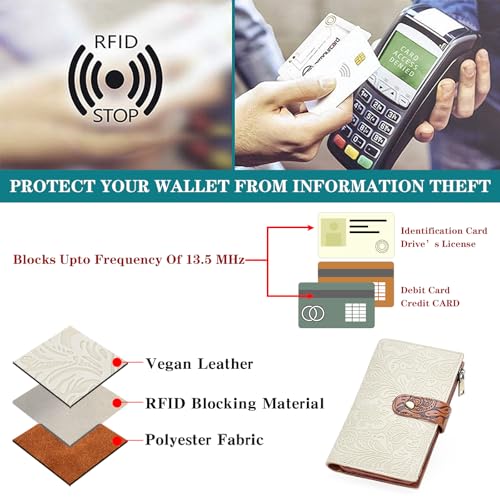 GOIACII Women's Wallet RFID Blocking Leather Trifold Credit Card Holder - color: B02 White & Brown