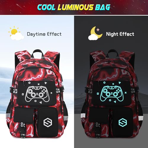 Scothen Boys Backpack, Cool Luminous Kids School Backpacks with Lunch Bag - color: Red Lightning