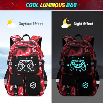 Scothen Boys Backpack, Cool Luminous Kids School Backpacks with Lunch Bag - color: Red Lightning