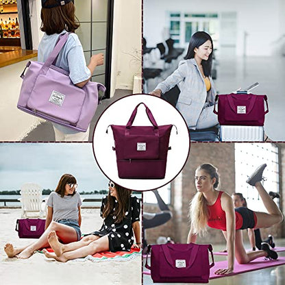 Large Capacity Foldable Travel Bag, Expandable Waterproof Carry on Bag, Dry and Wet Separation Spor Duffel Bags - color: Fuchsia
