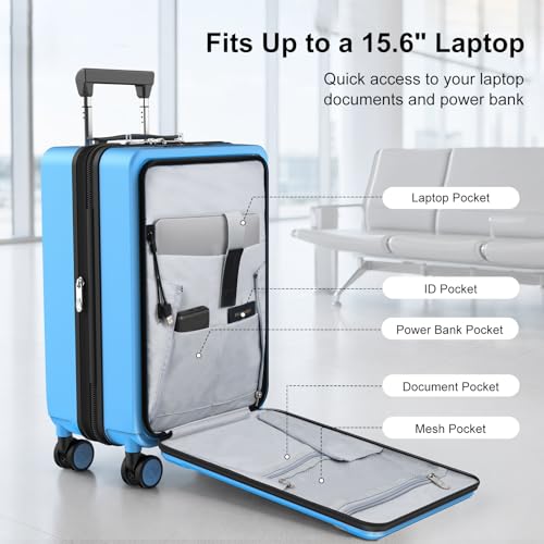 Carry On Luggage 22x14x9 Airline Approved with Front Pocket, Blue - color: Blue