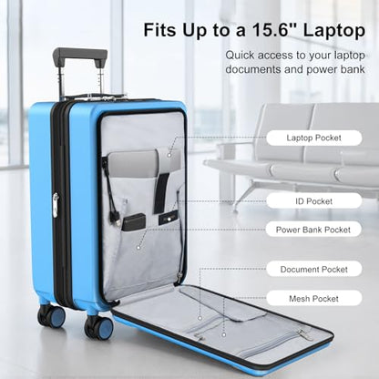 Carry On Luggage 22x14x9 Airline Approved with Front Pocket, Blue - color: Blue