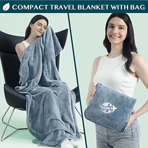 PAVILIA Compact 2-in-1 Travel Blanket Pillow for Airplane Flight, Blue - color: Dusty Blue