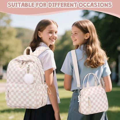 3PCS Corduroy Girls Backpack w/ Lunch Box & Pencil Bag (Beige Chessboard) - color: Beige Chessboard