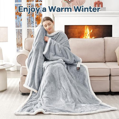MAXEVE Heated Wearable Blanket with Foot Pocket & Sleeves Electric Snuggle - color: Light Grey, size: Long