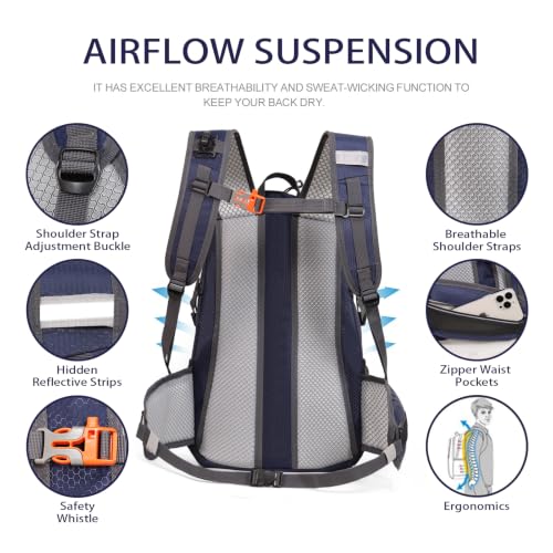 22L Lightweight Hiking Daypack with Waist Pocket Biking Skiing Travel - color: Navy