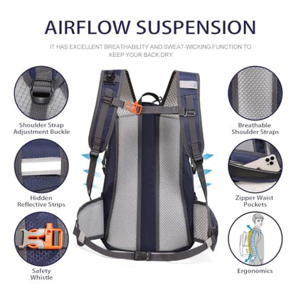 22L Lightweight Hiking Daypack with Waist Pocket Biking Skiing Travel - color: Navy