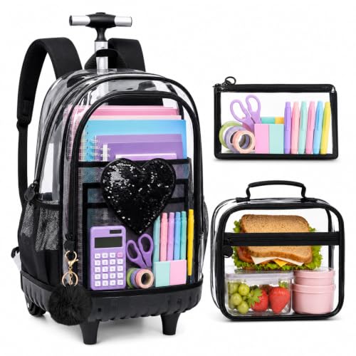 AGSDON Chic Sequin Rolling Clear Backpack Set – 20" Transparent Wheeled Bookbag with Large Front Pocket for School, Daily Commute & Leisure | Black Fashion-Forward Organizer - color: Love Sequin Rolling Backpack Black