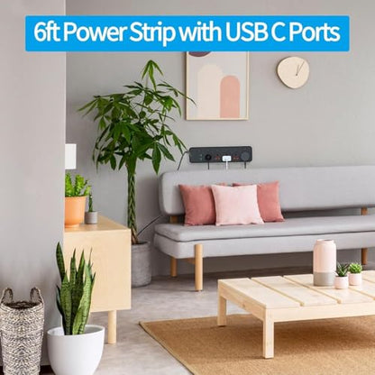Power Strip with Individual Swtich, 6ft Extension Cord with 5 Universal Outlets and 6 USB (4 USB C), Max 3000w, 110-240v, Multiple Outlets Plug Adapter for Office Travel, UK Plug, Black - size: UK Plug