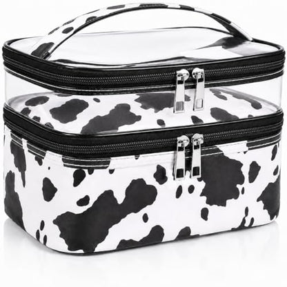 Double-layer Cosmetic Bag Makeup Bag Travel Makeup Bag Makeup Bags for Women Cosmetics Cases Portable Waterproof Foldable (Cow Print) - color: Cow Print