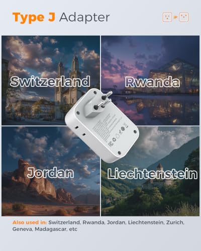 TESSAN Switzerland Travel Plug Adapter PD 20W, Type J Adapter - style: Type J- Switzerland