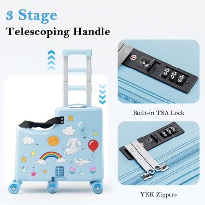 Ride on Suitcase for Kids, Hard Shell Kids Luggage with Belt, Foldable Pedal & Front Grab Handles, Hidden Cup Holder, TSA Lock, 6 Spinner Wheels, Kids Carry on Suitcase for Travel, Blue - color: Blue