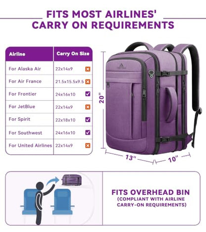 AREYTECO Carry On Backpack Airline Approved, Extra Large Laptop Backpack - color: Purple, size: 17.3 Inch (20''x13''x10'')