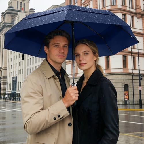 Windproof Golf Umbrella Large 54 Inch Folding Auto Open Close Wood Handle - color: 15.Light Blue
