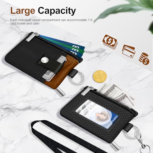 Minimalist RFID Blocking Small Wallet with ID Window,WaterResistant Zip Id Case Wallet with Lanyard Keychain for Cards,Cash,Travel,Women,Men (Black/Brown) - color: Black/Brown