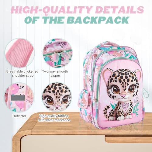 KidsPUNK Backpack for Girls Elementary:16 Inch Cute Leopard School Bookbag - color: Leopard
