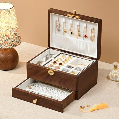 Black Walnut Lockable Jewelry Box, 3 Layer Wooden Organizer Case for Women - color: 3 Layer Full Lock
