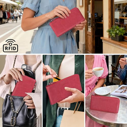 VISOUL Long Zipper Cash Wallet for Women with Removable Credit Card Holder, Soft Genuine Leather Clutch Wallet-Light Red - color: Light Red