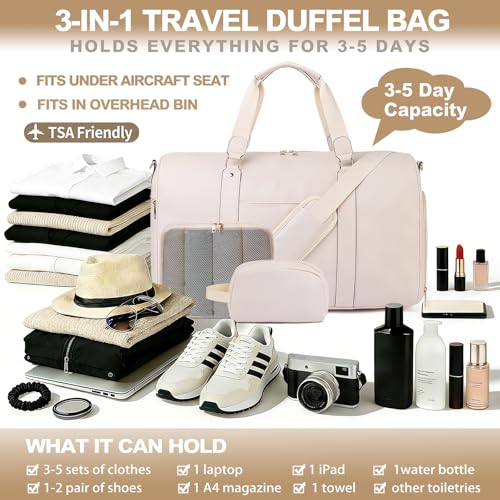 3‑PCS Leather Duffle Bag for Travel, Weekender Overnight Gym Bag Men Women - color: White