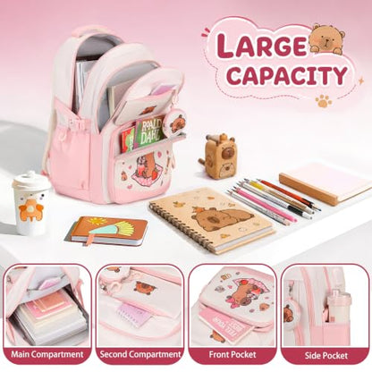 4PCS Capybara Theme Backpack for Girls with Wired Headphones | with Lunch Box & Pencil Case, Cute Girls Backpack Kawaii Bookbag for Girls Kingdergarten Teens Elementary School Student - color: Pink