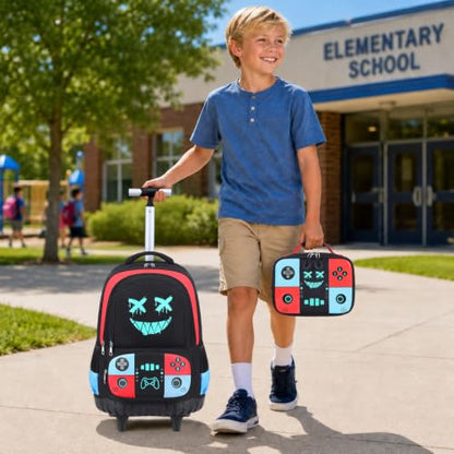 Bevalsa Rolling Backpack for Boys,Cool Gamer Boys Backpack with Wheels | Wheeled Schoolbag with Lunch Box & Pencil Case,Kids School Backpack with Wheels for Kindergarten Elementary School Travel - color: Red Blue Smile