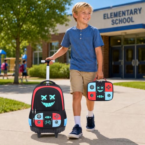 Bevalsa Rolling Backpack for Boys,Cool Gamer Boys Backpack with Wheels - color: Red Blue Smile