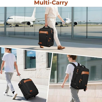 Vancropak Travel Backpack with Wheels, Rolling Backpack Fits 17.3" Laptop - color: Black Brown