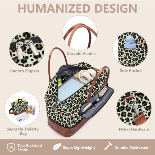 Large Women Travel Weekender Bag: Carry on Duffle with Shoe Compartment - color: Brown Leopard Print