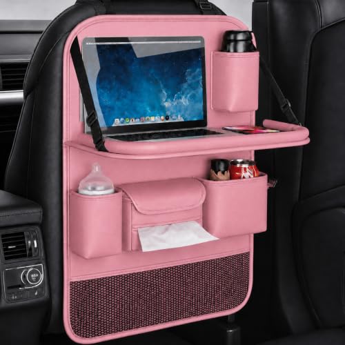 2 Pack Leather Car Backseat Organizer with Foldable Table Tray, Universal Car Seat Back Protector Kick Mat with Touchscreen Tablet Holder, Storage Pockets, Cup Holders & Tissue Holder, Pink - color: Pink