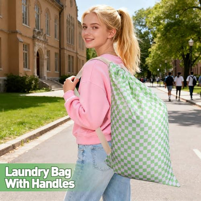 Laundry Bag Backpack for Dorm & Travel, 29 x 18" Large Dirty Bag - color: Green White Checkered