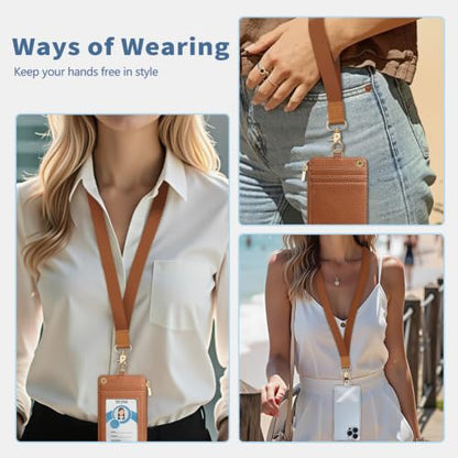 Brown Lanyard Wallet with Id Badge Holder Keychain for Card Women - color: Solid-caramel