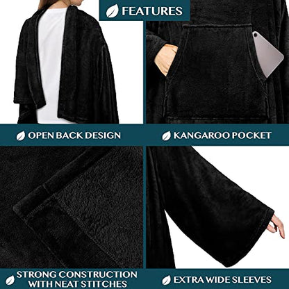 PAVILIA Blanket with Sleeves for Adult Women Men, Soft Warm Wearable Blanket Fleece Wrap Throw, Robe Blanket Gift - color: Black