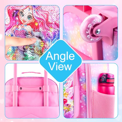 HPJGD Girls Suitcase, Kids Sequins Rolling Luggage, Cute Mermaid Travel Carry on for Elementary Preschool Toddler - color: Girls Mermaid Pink Luggage