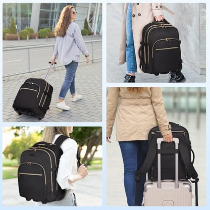 DEVPNR Rolling Backpack for Women, Travel Backpack with Wheels - color: Elegant Black