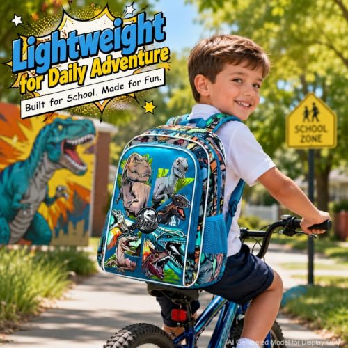 CCJPX 3Pcs Backpack for Boys, 16 Inch Preschool Elementary Kindergarten School Backpacks and Lunch Box - color: Aa1-dinosaur Blue