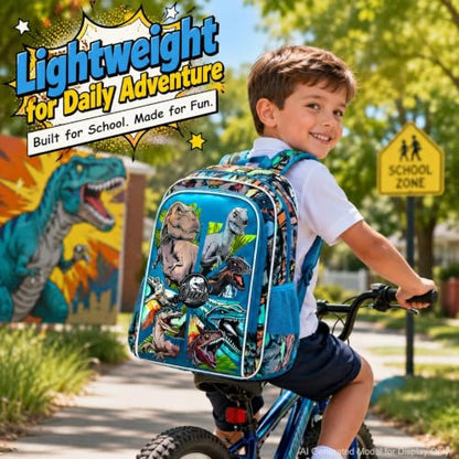 CCJPX 3Pcs Backpack for Boys, 16 Inch Preschool Elementary Kindergarten School Backpacks and Lunch Box - color: Aa1-dinosaur Blue