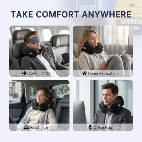 Travel Neck Pillow Memory Foam Adjustable Clasp for Airplane - color: Black