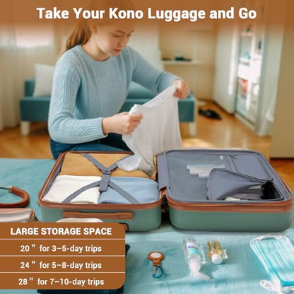 Kono Expandable 28 Inch Luggage with Spinner Wheels, Large Checked Luggage with Lock, Lightweight & Anti-Scratch PC+ABS Hardshell Travel Suitcase, Green/Brown - color: Green/Brown, size: Checked-large 28-inch