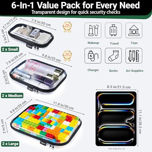 YQBRAO Clear Hard Shell Zipper Cases, 6 Multi-Size Organizers, Black - color: Black, size: 6 Pack (2L+2M+2S)