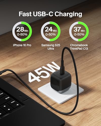 Belkin 45W Compact USB C Charger Block, Fast Charging for Travel - color: Black, style: Single Pack