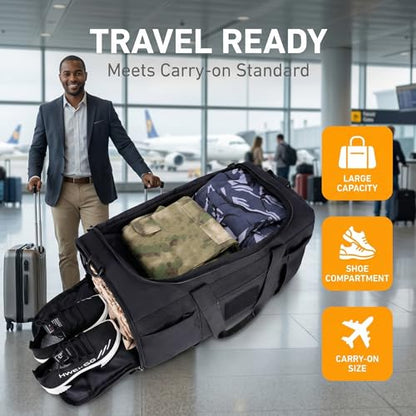 Sports Duffel Bag with Shoe Compartment, Tactical MOLLE Gym Bag for Men 45L - color: black