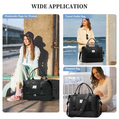Weekender Bags for Women,Personal Item Travel Bag with Shoes Compartment - color: Black with BlackGray Toiletry Bag, size: Extra Large
