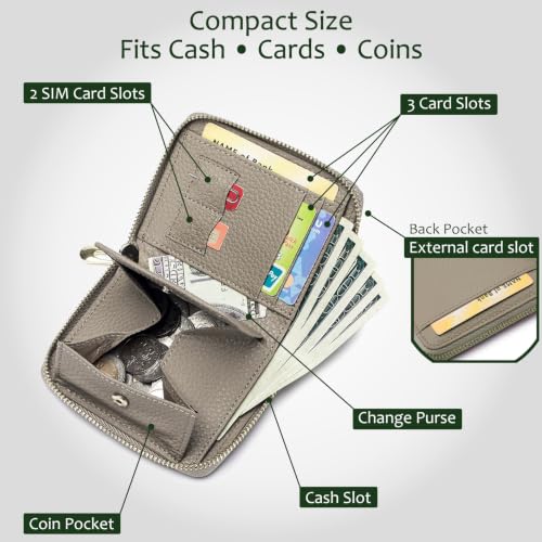 RFID Blocking Small Zip Around Wallet for Women, Slim Minimalist - color: Light Grey