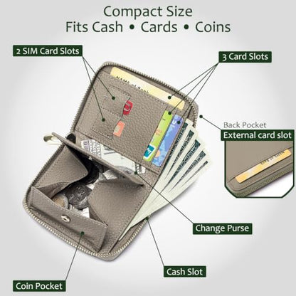 RFID Blocking Small Zip Around Wallet for Women, Slim Minimalist - color: Light Grey