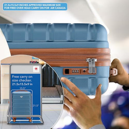 Flight Knight 21.5x15.5x9 Expandable Carry On Suitcase Hardside TSA Lock & USB C Port Lightweight Luggage Silent Double Spinner Wheels Maximum Canada Air Overhead Bag Airlines Approved Blue/Tan - color: Blue/Tan, size: 21.5x15.5x9"