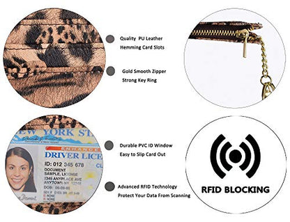 woogwin Slim RFID Credit Card Holder for Women Mini Front Pocket Wallet Purse With Keychain - color: Leopard