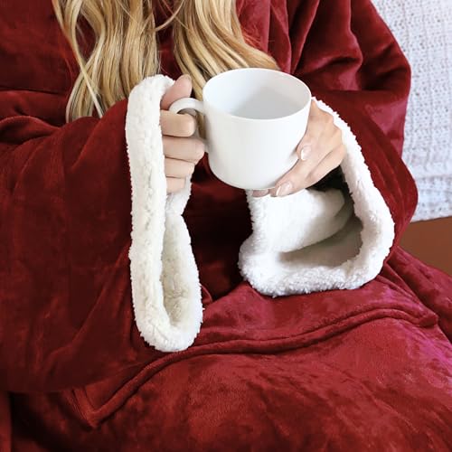 Catalonia Sherpa Wearable Blanket with Sleeves and Kangaroo Pocket - color: Wine, size: Kangaroo Front Pocket
