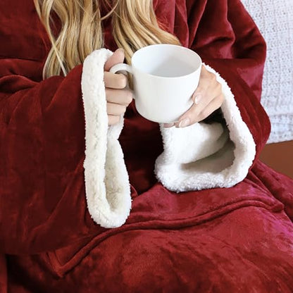 Catalonia Sherpa Wearable Blanket with Sleeves and Kangaroo Pocket - color: Wine, size: Kangaroo Front Pocket