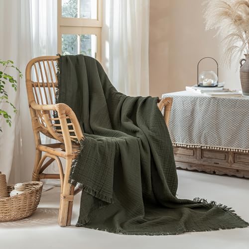 Muslin Fringe Blankets for Adults: 100% Cotton Cloud Soft - color: Olive Green, size: Throw (50" × 60")